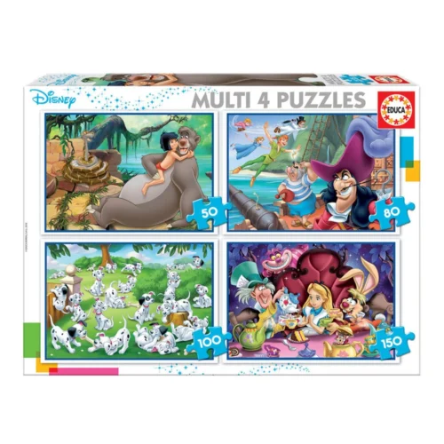 Educa 4x Puzzles Progressivos Disney Aladdin, o livro da selva, Alicia, Peter Pan