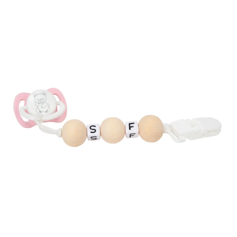 adb1202b2fd1cb6a123dad2c140f2d9c.large Conjunto de chupeta rosa/branca com corrente de bolas de madeira e prendedor