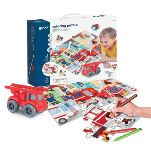 Giros Play Puzzles para Colorir 2 Faces + Carro 48 Peças Bombeiros