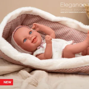 Elegance 38 cm Oli Rosa com moisés, boneca com corpo em vinil e peso