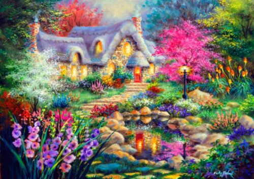 Puzzle Bluebird Cottage da lagoa. 1500 Peças